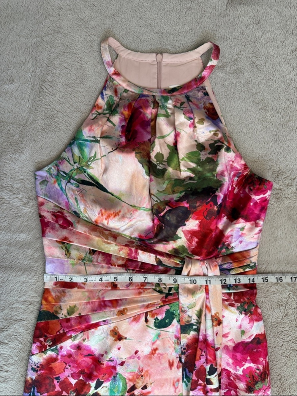 Eliza J Floral Halter Satin-feel Dress in Pink, Green and Red Sz 6 Ruched Sash - Picture 8 of 11